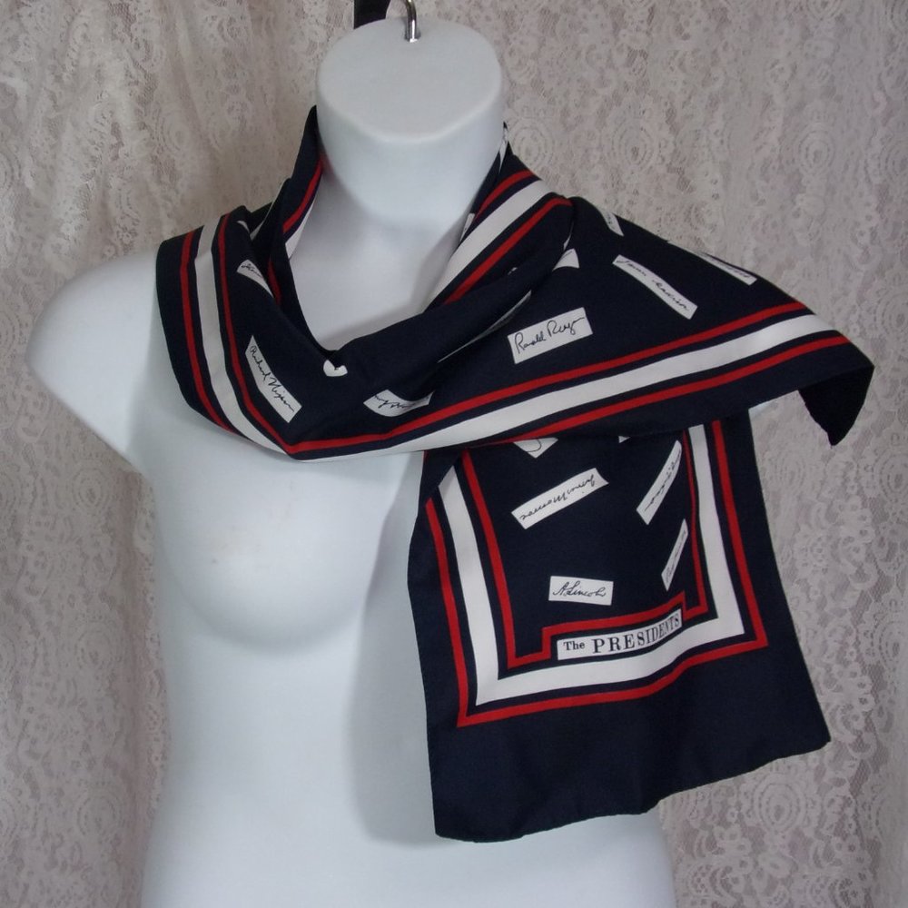 The President's Scarf Has the signatures Multi Color on A black bacKground NWOT